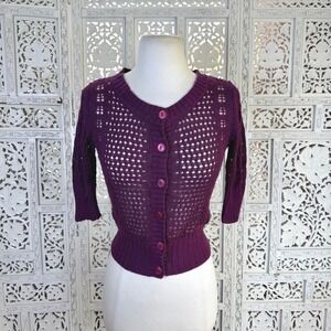 Purple Open Knit Quarter Length Sleeve Cardigan Womens Small Y2K Coquette